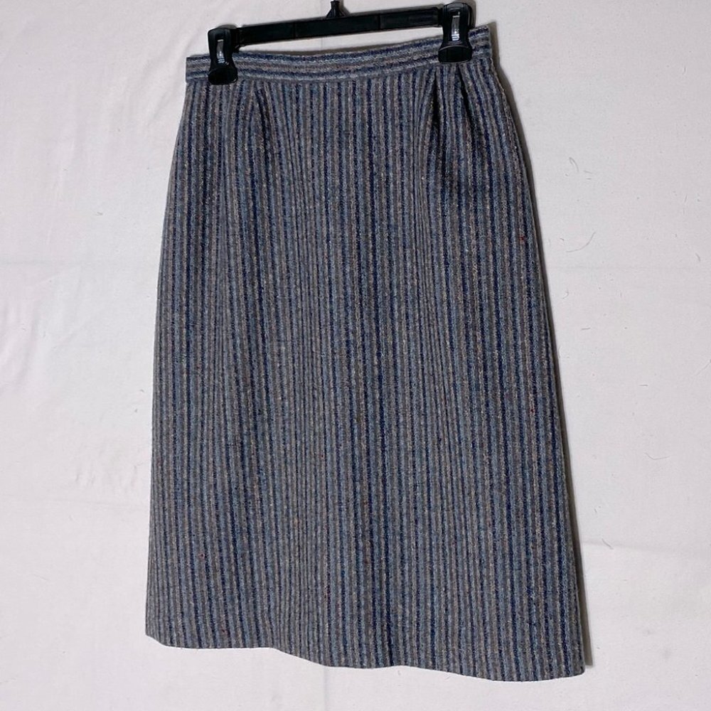 Vintage Ziba Grey Blue Wool Striped Pencil Skirt S